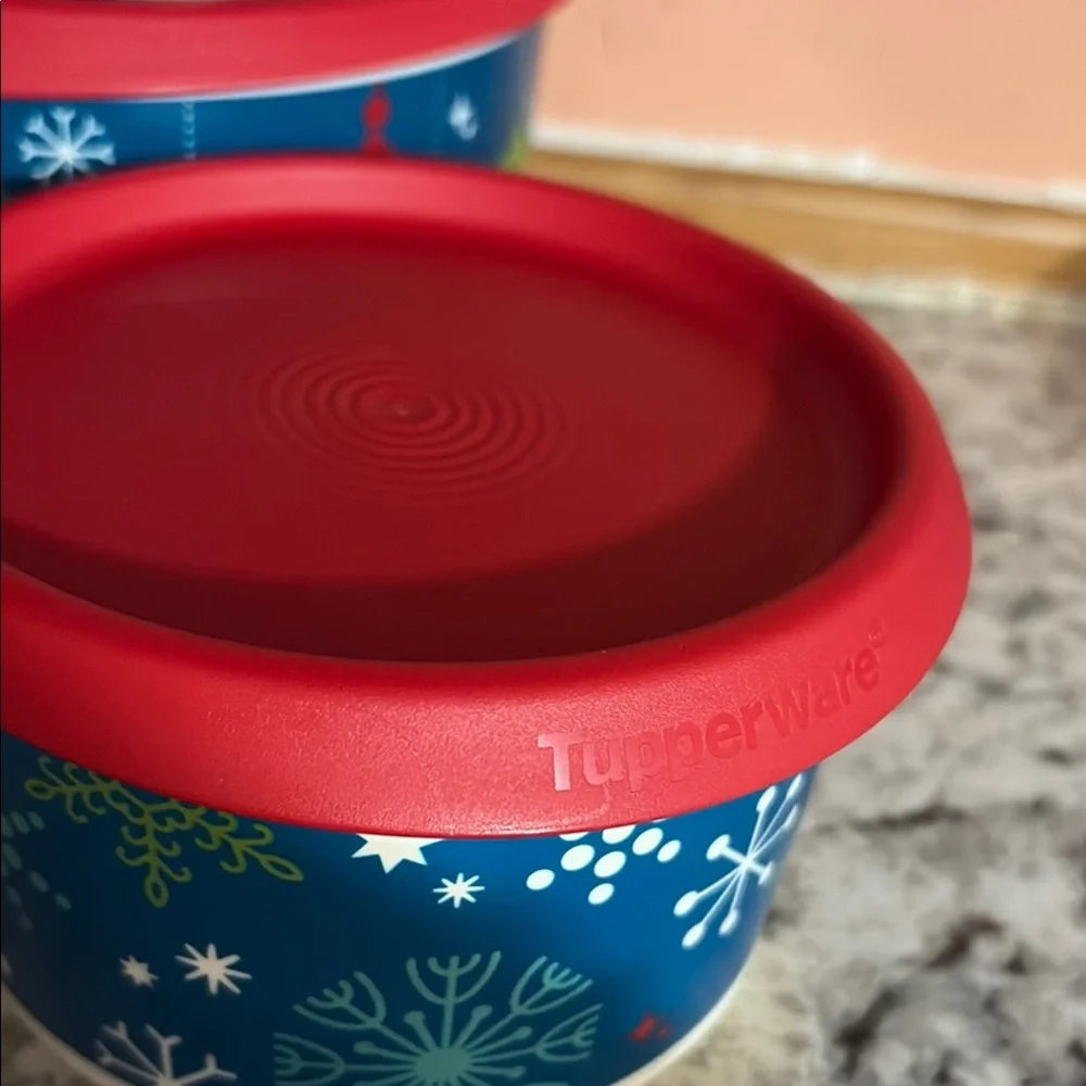 TUPPERWARE 3 PIECE ROUND STACKING/ NESTING CONTAINER SET WITH LIDS - XMAS DESIGN